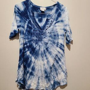 OSO Casuals Womens Blue Tie Dye Tunic Detail Scoop neck Size M